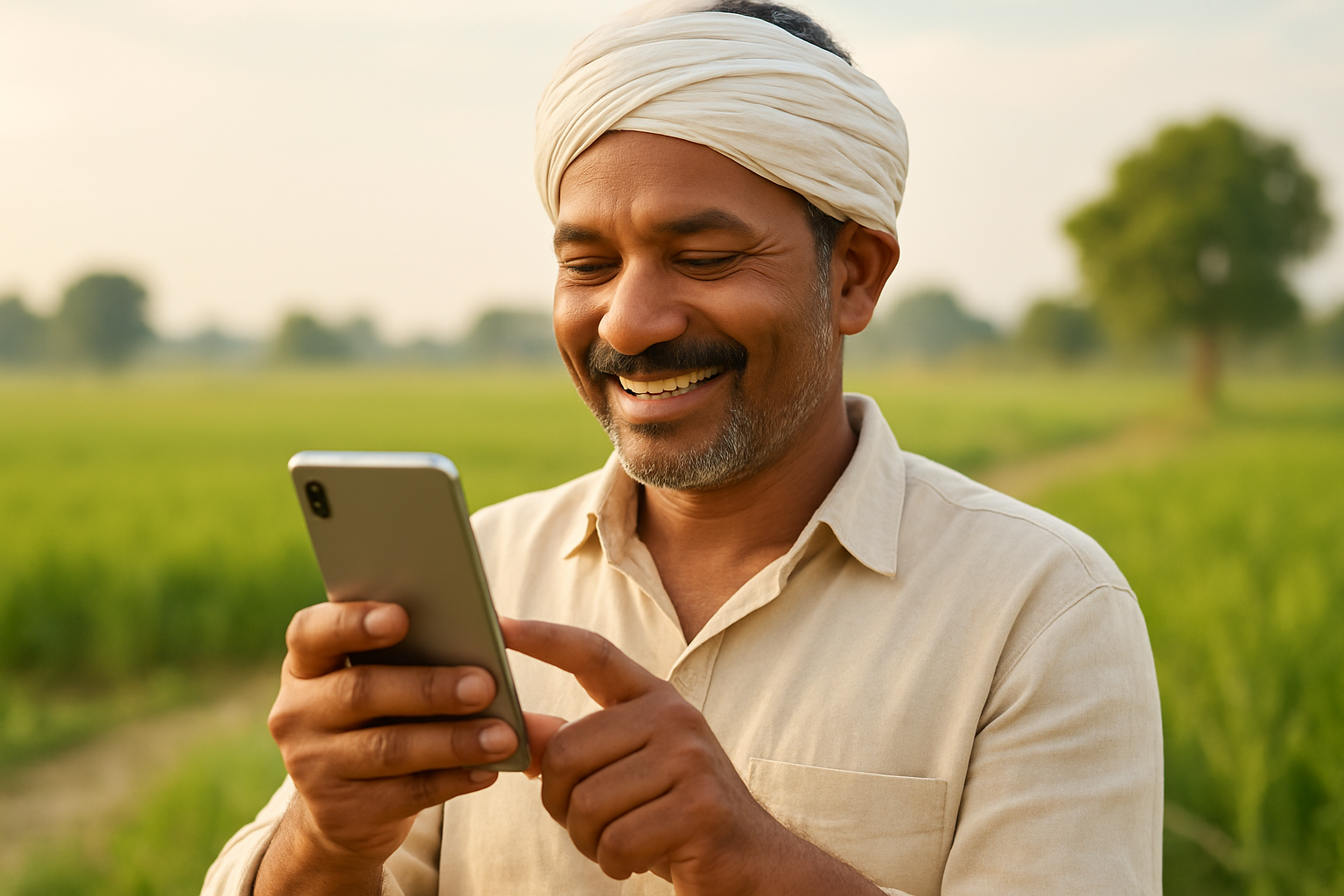 Farmer using phone in field